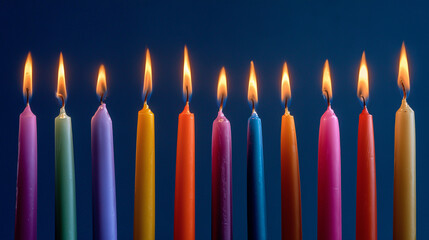 wax. Colorful tapered candles drip wax onto a dark blue surface, glowing softly in warm light. event programs, museum guides, designed for cultural heritage projects and event programs.