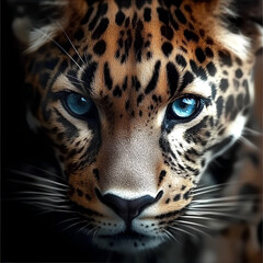 A hyperrealistic close-up of a panther&rsquo;s face nearly vanishing into a pure black background. Only its silver-edged fur and piercing white reflections in the eyes are visible. Every whisker and contour