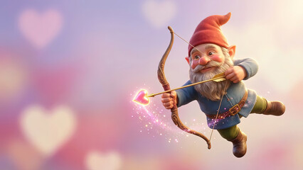 3D Cupid Gnome Flying with Magic Heart Arrow on Romantic Pink Bokeh Background