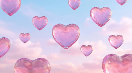 Pink glass hearts floating in a dreamy pastel blue and pink sky background