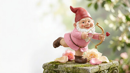 Cheerful Garden Gnome Dressed as Cupid Holding Bow and Arrow on Mossy Stone with Roses