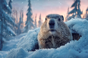Groundhog emerging from snowy burrow, surrounded by frosty landscape and evergreen trees, capturing the essence of winter wildlife and natural habitat