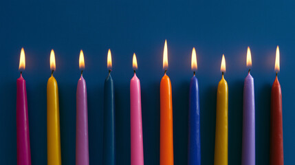 wax. Colorful tapered candles drip wax onto a dark blue surface, glowing softly in warm light. event programs, museum guides, designed for cultural heritage projects and event programs.