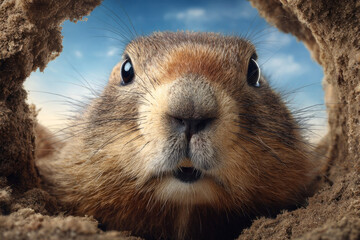 Close-up of a curious brown rabbit peeking out from its burrow, surrounded by sandy earth and a bright blue sky, showcasing the beauty of wildlife and nature