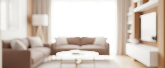 Blurry modern living room interior with sofa and bright window light creating a calm residential atmosphere with soft daylight reflections and contemporary home design details.
