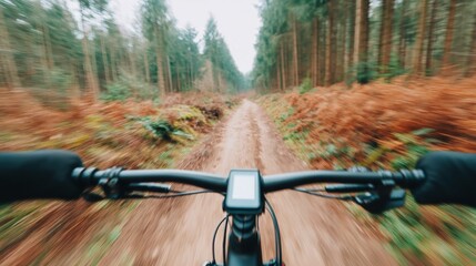 Screen free life, A dynamic view from the handlebars of a mountain bike on a forest trail, featuring blurred greenery and earthy tones.
