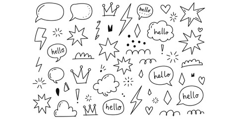 Naklejka premium Comic style speech bubble doodles with hello text, lightning bolts, stars and hearts, playful hand-drawn vector elements for social media and blogs