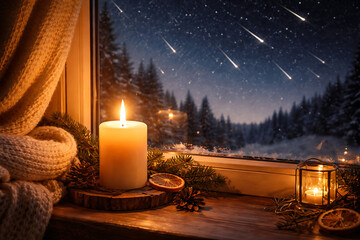 Cozy Winter Night Window View with Candlelight and Shooting Stars