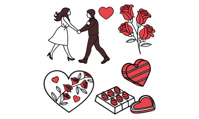 Valentine's Day Love Symbols Collection with Cupid, Hearts, and Roses