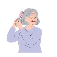 Elderly woman brushing her gray hair while smiling indoors  