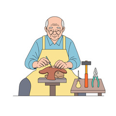 Elderly man repairing leather shoes with tools in workshop  