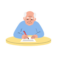 Elderly man writing notes on paper while sitting at a table  