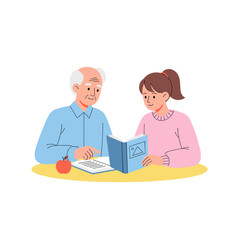 Elderly man tutoring young girl while studying together at a table  