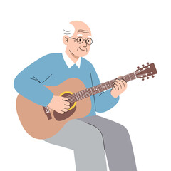 Elderly man playing guitar and smiling while sitting indoors  