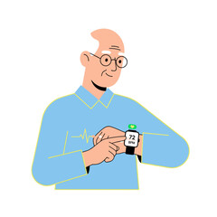 Elderly man checking heart rate on smartwatch while smiling  