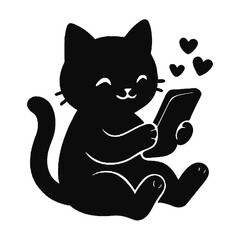 Cute black cat smiling while looking at smartphone with hearts silhouette © Jahangir Alom 