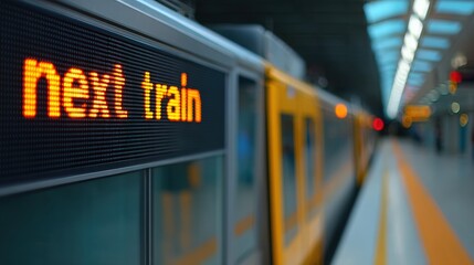 Screen free life, A blurry image of a subway train platform with an illuminated display showing "next train" in bright orange text.