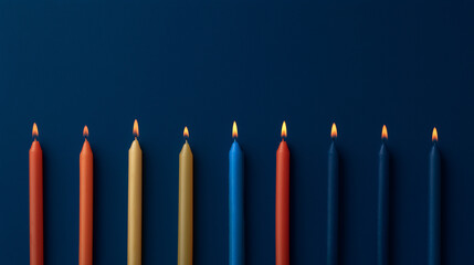 wax. Colorful tapered candles drip wax onto a dark blue surface, glowing softly in warm light. event programs, museum guides, designed for cultural heritage projects and event programs.