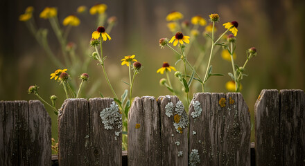 Rustic wooden fence adorned with wildflowers and lichen beauty