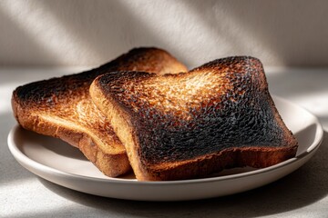 Two slices of burnt toast rest on a light-colored plate in a kitchen with sunlight shining on them