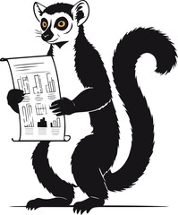 A lemur as a research assistant holding data charts, upright tail pose, flat vector illustration, minimal details, solid colors only, bold black outline, no gradient, no shadow, clean sticker design,  © rokeya