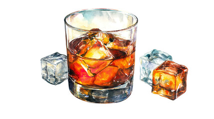 Whiskey glass with ice illustration featuring amber liquid, cutout, isolated on white background.