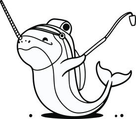 A narwhal as an ocean researcher wearing a small headset, simple side pose, flat vector art, minimal detail, solid colors only, thick black outline, no lighting, no texture, illustrator svg style, whi © rokeya