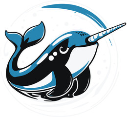 A narwhal as an ocean researcher wearing a small headset, simple side pose, flat vector art, minimal detail, solid colors only, thick black outline, no lighting, no texture, illustrator svg style, whi © rokeya