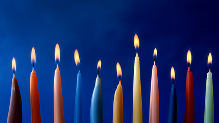 wax. Colorful tapered candles drip wax onto a dark blue surface, glowing softly in warm light. event programs, museum guides, designed for cultural heritage projects and event programs.