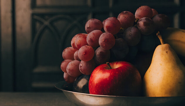 Still life composition of red grapes a pear and a bright red apple - Powered by Adobe