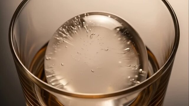 Close up of a large spherical ice cube melting in a glass of amber liquid.