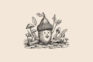 Whimsical Autumn Illustration of an Acorn Character