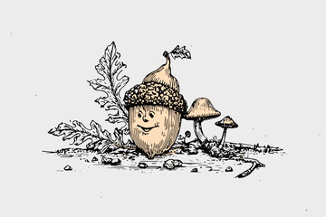 Whimsical Autumn Illustration of an Acorn Character