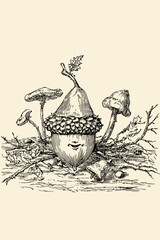 Whimsical Autumn Illustration of an Acorn Character