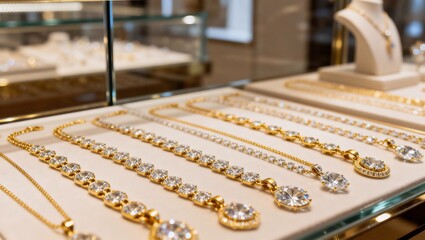 高級ジュエリーショップ店内シェルフに整然と並ぶブレスレットと腕時計の洗練されたディテール