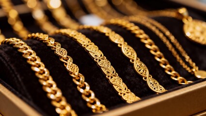 温かみのある照明に照らされたゴールドネックレスの上質な配置と職人技が際立つ展示写真