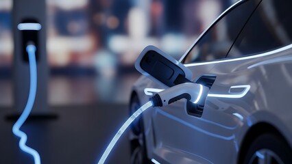 Futuristic electric vehicle connected to a smart charging station, illustrating sustainable energy solutions for modern transportation with an emphasis on intelligent technology