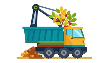 A flat illustration depicts a bright yellow dump truck with a blue bed carrying foliage and debris against a white backdrop