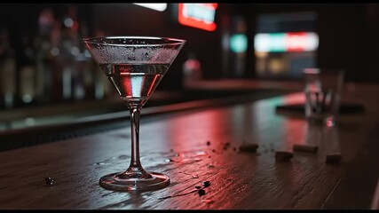 A solitary martini glass sits on a bar counter with neon lights reflecting.