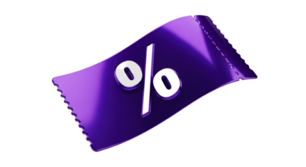 Hyper-realistic cgi render of a glossy, deep royal purple, dynamically curved coupon with embossed percentage symbol on transparent background, macro view. Concept for luxury retail marketing