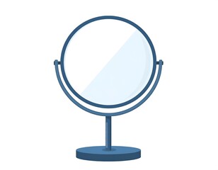 Fototapeta premium A flat-colored, front-facing illustration of a blue, round vanity-style mirror with a base and curved arms