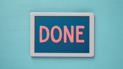 Screen free life, A digital tablet displays the word "DONE" in bold, pink letters against a blue background, suggesting completion or finality.