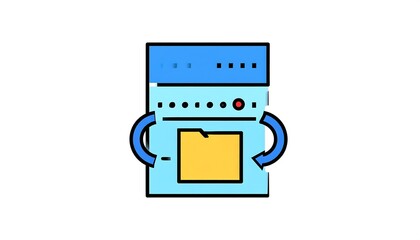 A flat-design illustration showing a server-like icon with a folder and circular arrows, suggesting data process