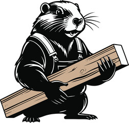 A beaver as a carpenter holding wooden planks, strong compact pose, flat vector art, clean shape separation, solid flat colors, thick outline, no texture, no lighting, sticker style, white background  © rokeya
