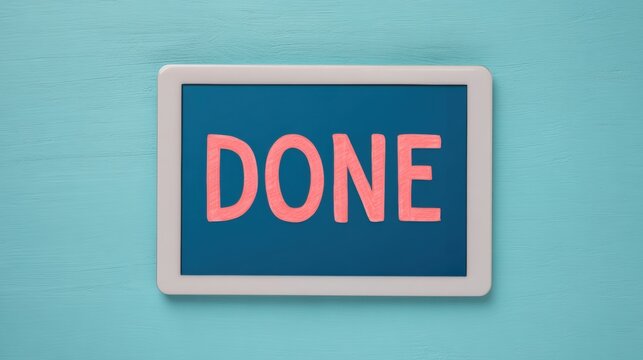 Screen free life, A digital tablet displays the word "DONE" in bold, pink letters against a blue background, suggesting completion or finality. - Powered by Adobe