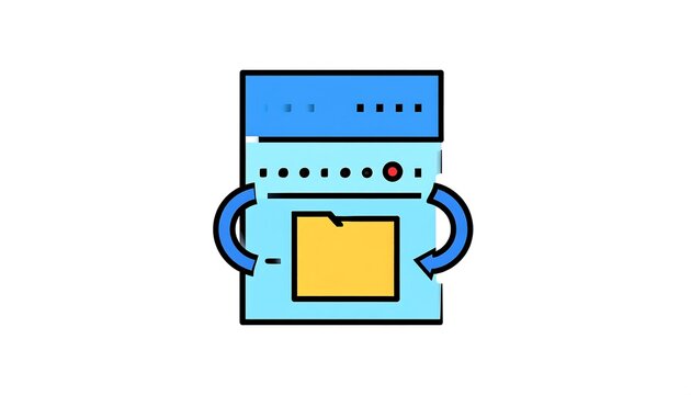 A flat-design illustration showing a server-like icon with a folder and circular arrows, suggesting data process - Powered by Adobe