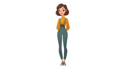 Cartoon girl illustration with auburn hair, wearing a yellow sweater and blue overalls Isolated