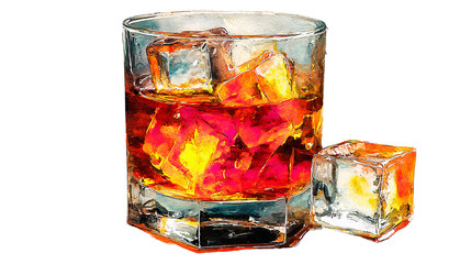 Whiskey drink illustration with brown liquid, ice cubes inside clear glass, isolated cutout.