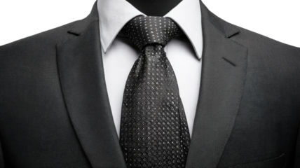 A professional formal black suit and necktie with a crisp shirt and jacket, embodying success and style in a classic office or wedding groom fashion