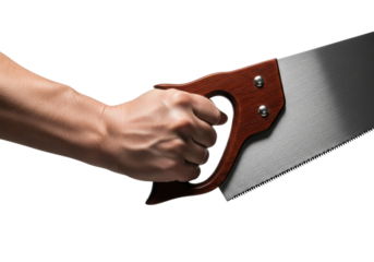 sturdy adult male hand firmly gripping a mahogany handled classic construction hand saw in a detailed, high-contrast studio product photograph against a transparent background, concept of quality